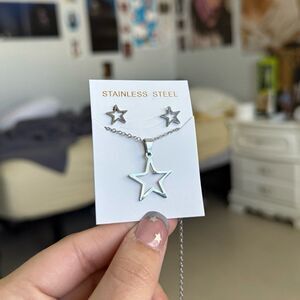 Stainless Steel Silver Star Necklace And Earrings Set